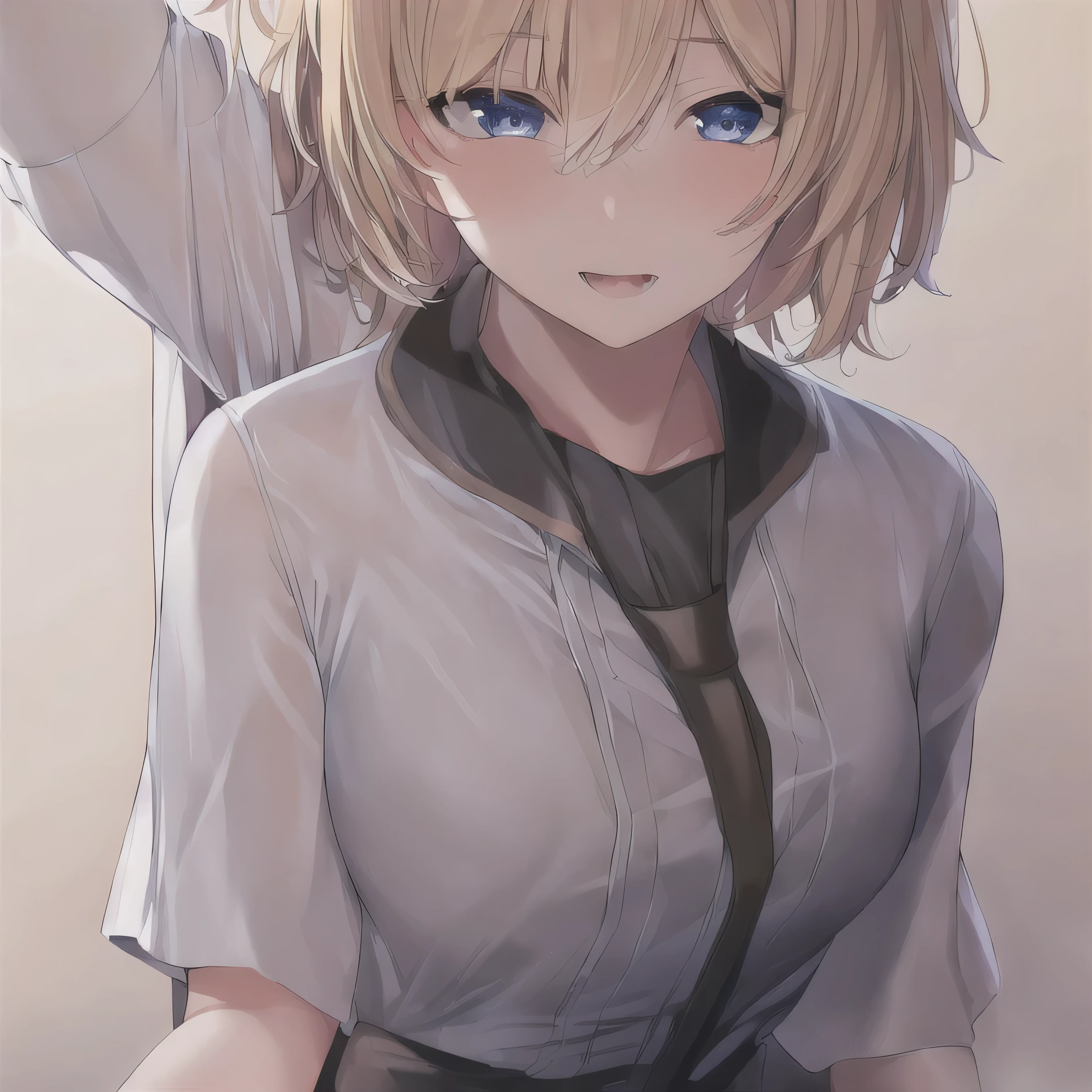 (masterpiece:1.2), (best quality:1.2), (sharp detail:1.2) highres, absurdres, best quality, ultra-detailed, 8k wallpaper, perfect face, beautiful detailed eyes, 1 girl, solo, blonde hair, short hair, messy hair, oversized white shirt, short shorts, shy,