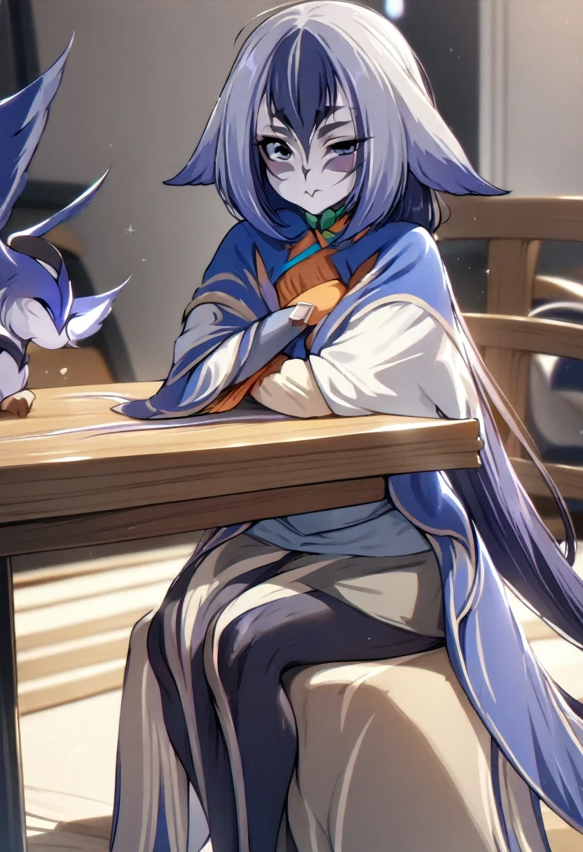 (shylily/(Twich/):1.5),(masterpiece:1.2),(best quality:1.2),,1 Girl,Gray eyes,Bronya Zajczyk,long hair,Gray hair,single glove,Pantyhose,skirt,Jacket,Bangs,Sitting at the table,