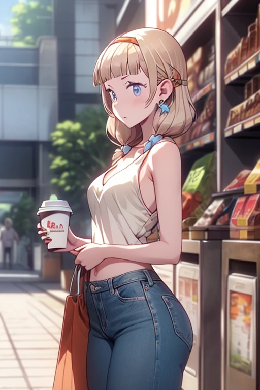 (masterpiece, Best Quality, ultra-detailed, high resolution, extremely detailed CG, official art, Professional Lighting, Perfect Anatomy, anime colors), (from below), looking at viewer, cowboy shot, perfect body, a 24yo beautiful girl, sidelocks, hairband, earrings,medium hips, glamorous body,a small face,beautiful-makeup,Makeup light,dark brown hair, Amazing Cleavage, thin waist, cute ass, Raised sexy, small breast: 1.2 posed cleavage:1.2, (off shoulders,Denimbra,legginullnude), micro denim shorts, bare legs, nail_polish, pale skin, Waiting friend, (morning:1.5), tokyo, (convenience store:1.3), outdoor, (depth of field:1.3), contrapposto, (Hold a coffee in your hand:1.3),delicate beautiful face, Bright blue eyes, cute eyes, sparkling eyes, Big eyes, (perky chest:1.1), (pointed chest:1.3), looking at viewer,
