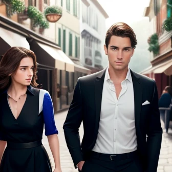  Jacob Frank men and women with light brown hair, in a shopping village, wearing black pants, a white dress shirt, with a closed vest, Focus on the character and the setting.