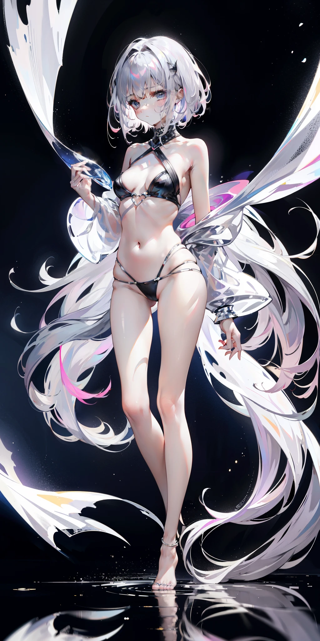 Light purple gradient hair,asymmetrical hair,((Thick hair 1.8,chiseled head 1.6)), Shoulder-length hair, messy hair, Very long hair, shiny hair,(long gray hair:1.2),A beautiful girl,(Luxury platinum mini short platinum ta,Made of transparent material),(Transparent clothes transparent 1.8),Perfect body,Navel,Big thin legs,Slim,(看起来很sad,Haggard face ,sad,shut your mouth:1.2) Against the background of an unusually bright dark starry sky,(Put your hands behind your back),(round,Room, Firm breasts),barefoot,float,water surface,(Long legs,Long legs,Long legs,Gestalt),full-body shot。