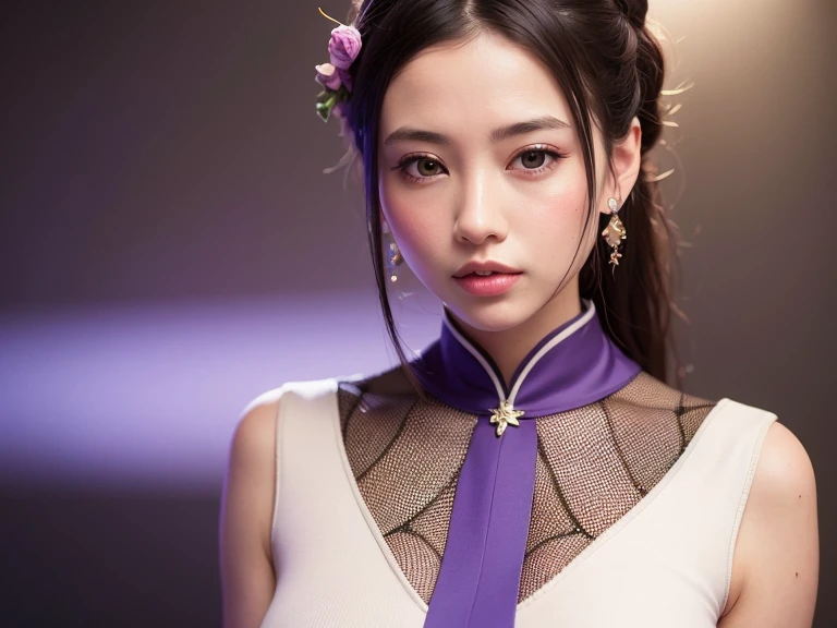 ((best quality)), ((masterpiece)), (detailed), Perfect face,Hanfu beauty, Thin purple silk shirt,White,Various textures, White蕾丝上衣, Platinum purple long ponytail, Hair accessories, earrings, Necklaces and necklaces, Carefully drawn large purple eyes, Detailed makeup, Thin eyebrows, high nose, Lovely red lips, No smile, purse lips, blush, broad mind, Large Breasts , Well-proportioned breasts, Slim waist, Purple fishnet socks, Chinese Hanfu style, Fictional art texture, Bright colors、Lifelike, original photo, Realistic photos, Ultra-high quality 8K hyper-realistic photos, (Effective fantasy lighting effects: 1.8), 10x pixel, Magic Effects (background): 1.8), super detailed eyes, Girl full body portrait, Solo Girl