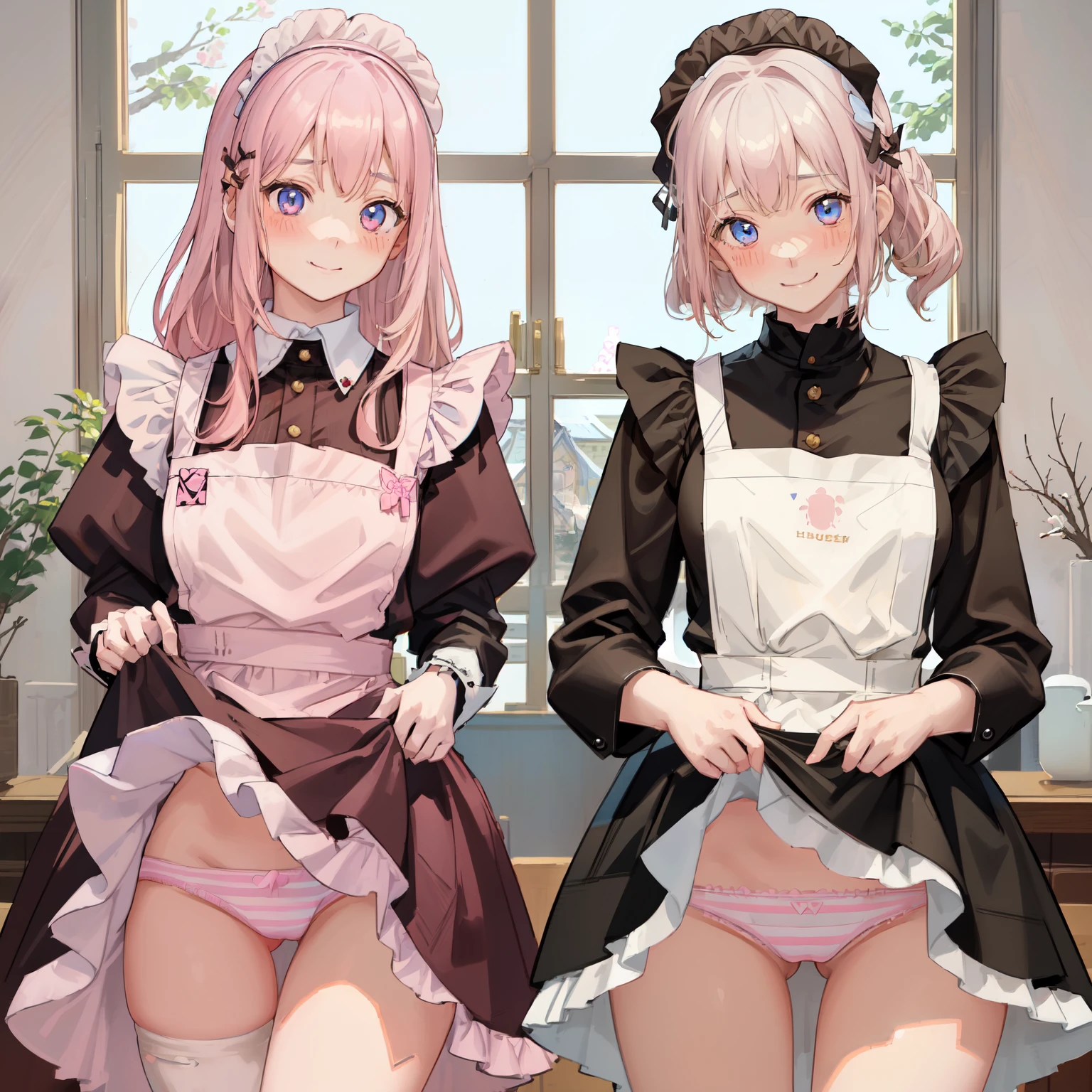 highest quality、masterpiece、((2 girls:1.5))、((smile:1.3))、(blush:1.3)、Black Shirt、blouse、((fun!!))、(Small breasts)、()、Blonde、(Long sleeve)、((White apron:1.5))、((Maid))、((hair ornaments)),、Kamimei、look at me、 ((in house:1.5))、 Taking a break from watching the audience、Cowboy Shot、(Skirt lift:1.3),(Highly detailed pink striped panties:1.3)、(Highly detailed panties:1.3)、、(スカート that rolls up:1.3)、(Panties fully exposed:1.5)、Light blue eyes、long hair、Glowing Eyes