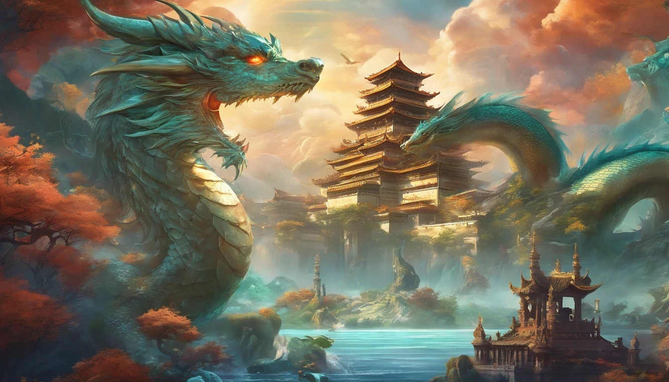 high quality, Tabletop, (Realistic, Photorealistic:1.2) ,High resolution, Ultra-detailed, RAW Photos, Chinese mythology, Tokai Dragon King, Majestic, Powerful, (Ancient Gods々々:1.3), (Serpentine:1.2), (Beard and mustache:0.8), (Whiskers:0.9), (Huge size:1.5), scale, Vibrant colors, Carbonated water, (Coral Reef:1.1), (Gold crown:1.2), (Dragon-shaped throne:1.4), (Loose-fitting robes:1.1), (dragon shaped beard ornament:1.3), (Emerald Eyes:1.2), (Pearl Necklace:1.2), (Golden Trident:1.4), (Floating:1.1), (Sky with clouds:1.3), (Sparkling, dazzling lights:1.2), (Crashing Waves:1.3), (A palace full of treasures:1.5), (School of colorful fish:1.2), (an underwater city:1.4), grow, Mythical, grow, Extensive and detailed, Stand apart, traditional chinese architecture.