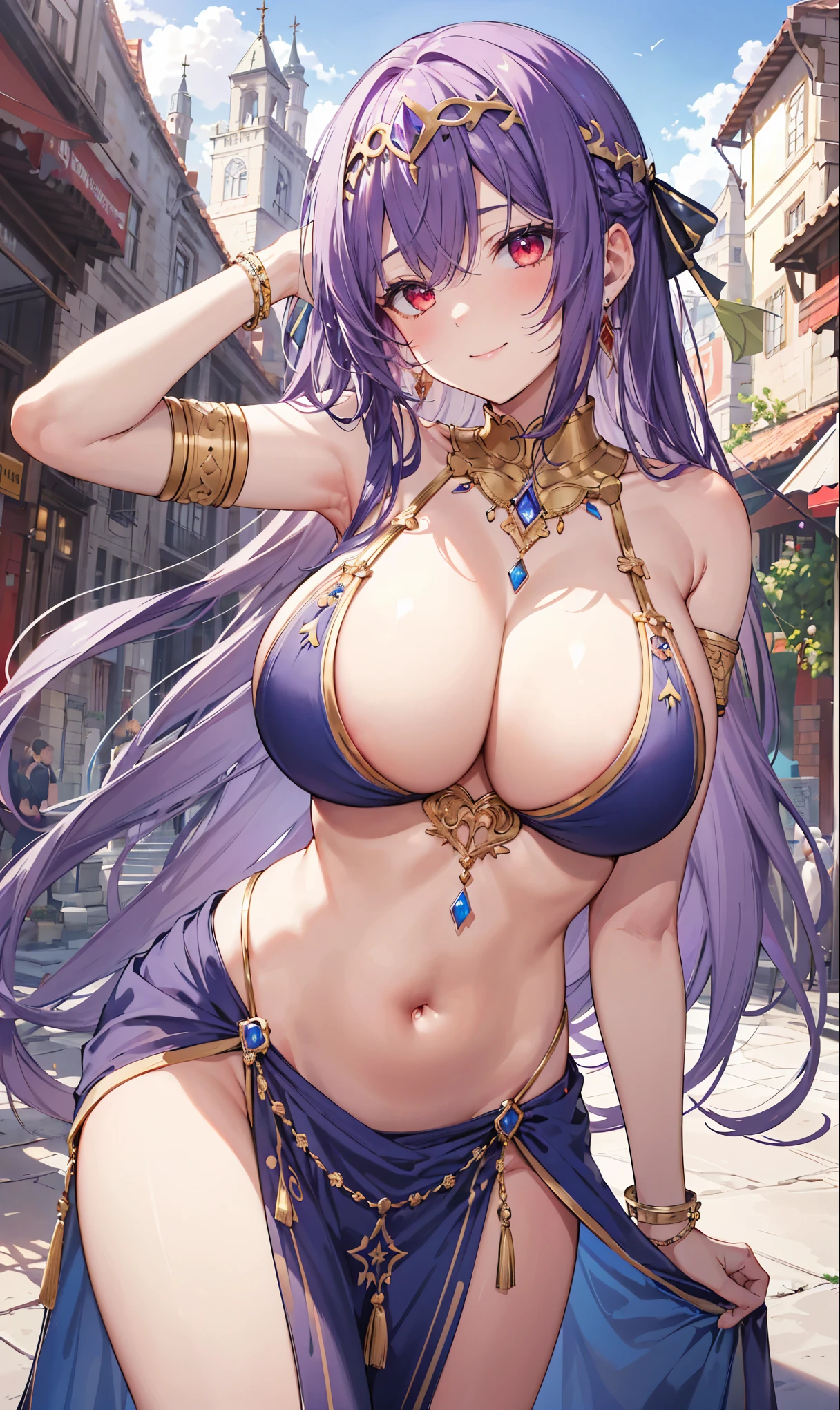 high quality, ultra detailed, best quality, insanely detailed, beautiful, masterpiece, 1girl, medieval plaza, cowboy shot, red eyes, long hair, purple hair, belly dancer, circlet, earrings, armlets, bracelets, bashful smile, large breasts, cleavage, soft stomach