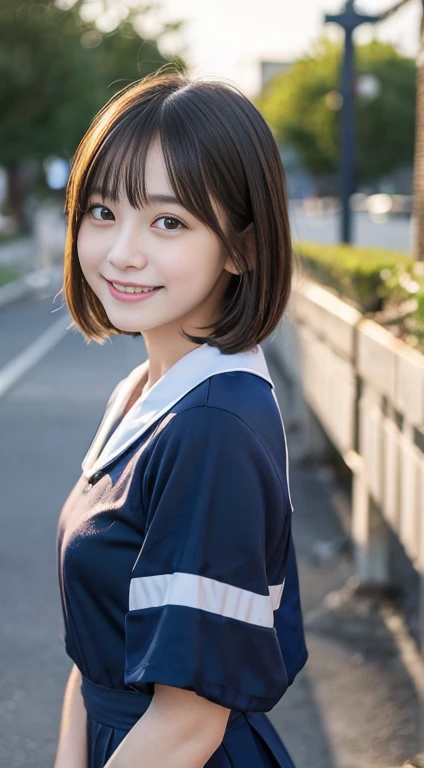 (highest quality,8K quality,masterpiece:1.3),(超High resolution,Photorealistic:1.4,RAW Photos),(Very detailed,Caustics,Detailed Background),(Ultra-Realistic Capture,Beautiful and detailed skin,Perfect Anatomy),At dusk,Sunset sky,School building,Schoolyard,18-year-old,cute,Black short bob,Looking at the camera,Laughter,、masterpiece, (run and jump)、 highest quality, High resolution, wallpaper, Realistic, Bright lighting, Professional Lighting, Face Light, Smooth lighting, Japanese Girls, ((Whole body 1.4)),Are standing, 15 years old,cute, smile, beautiful girl, gravure, sexy, so beautiful, Beautiful Skin, Beautiful and exquisite、Detailed face、slim、Moderate, short hair,、Schoolyard、Cheerfully、smile、skip、Teenage Girls Japanese Realisticな 10 generations Background Blur、Sailor suit、blue sky