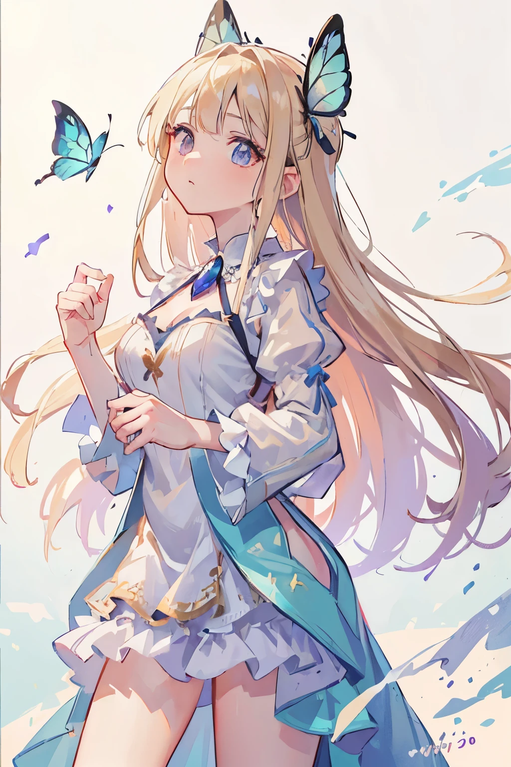 a girl,1girl,long flowing blonde hair,heterochromatic eyes,left eye red,right eye blue,wearing an astral dress,short flowing gown,layers of pastel colored translucent fabric,puffy sleeves,asymmetrical skirt resembling butterfly wings,light and airy design,(best quality,4k,8k,highres,masterpiece:1.2),ultra-detailed,(realistic,photorealistic,photo-realistic:1.37),HDR,UHD,studio lighting,ultra-fine painting,sharp focus,physically-based rendering,extreme detail description,professional,vivid colors,bokeh,fantasy,digital art,ethereal,magical realism