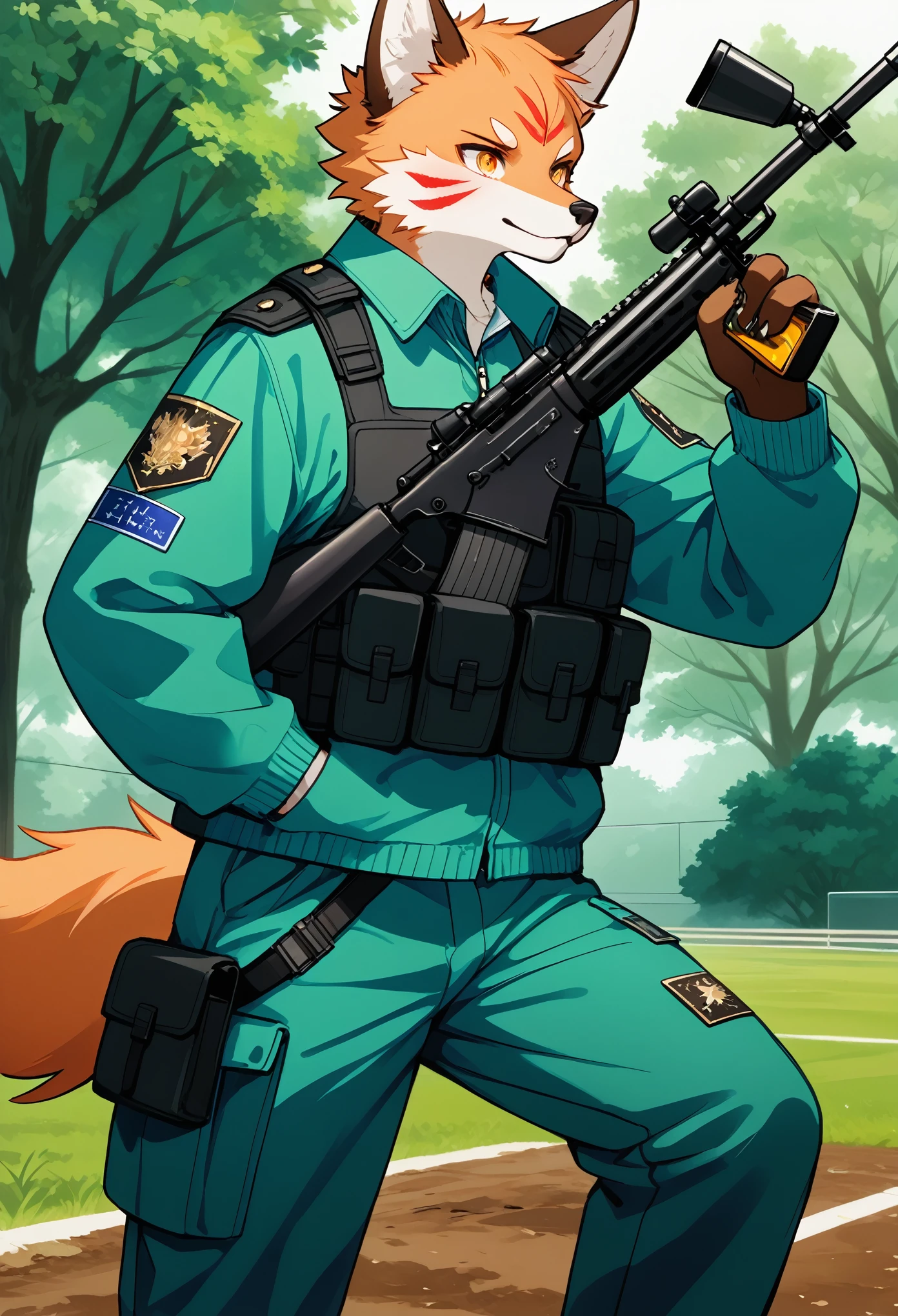 frame of trading card, UI Marks on the upper right and left bottom of the cygames style card.dark and green tone. 14 years old small anthro kemono fox Scout is crouching behind a tree and aiming his sniper rifle at a distant target. He is dressed in a camouflaged jacket and pants,with a bulletproof vest. meticulous post-war military scenes, soft-focus technique