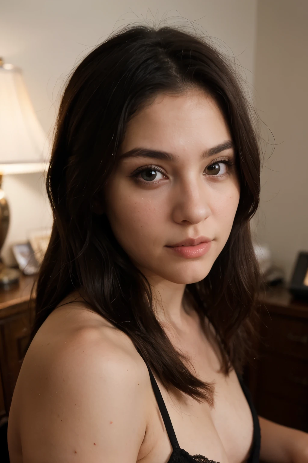 Beautiful USA 24th girl face portrait. long black hair. Looking at viewer, brown eyes, selfie photo