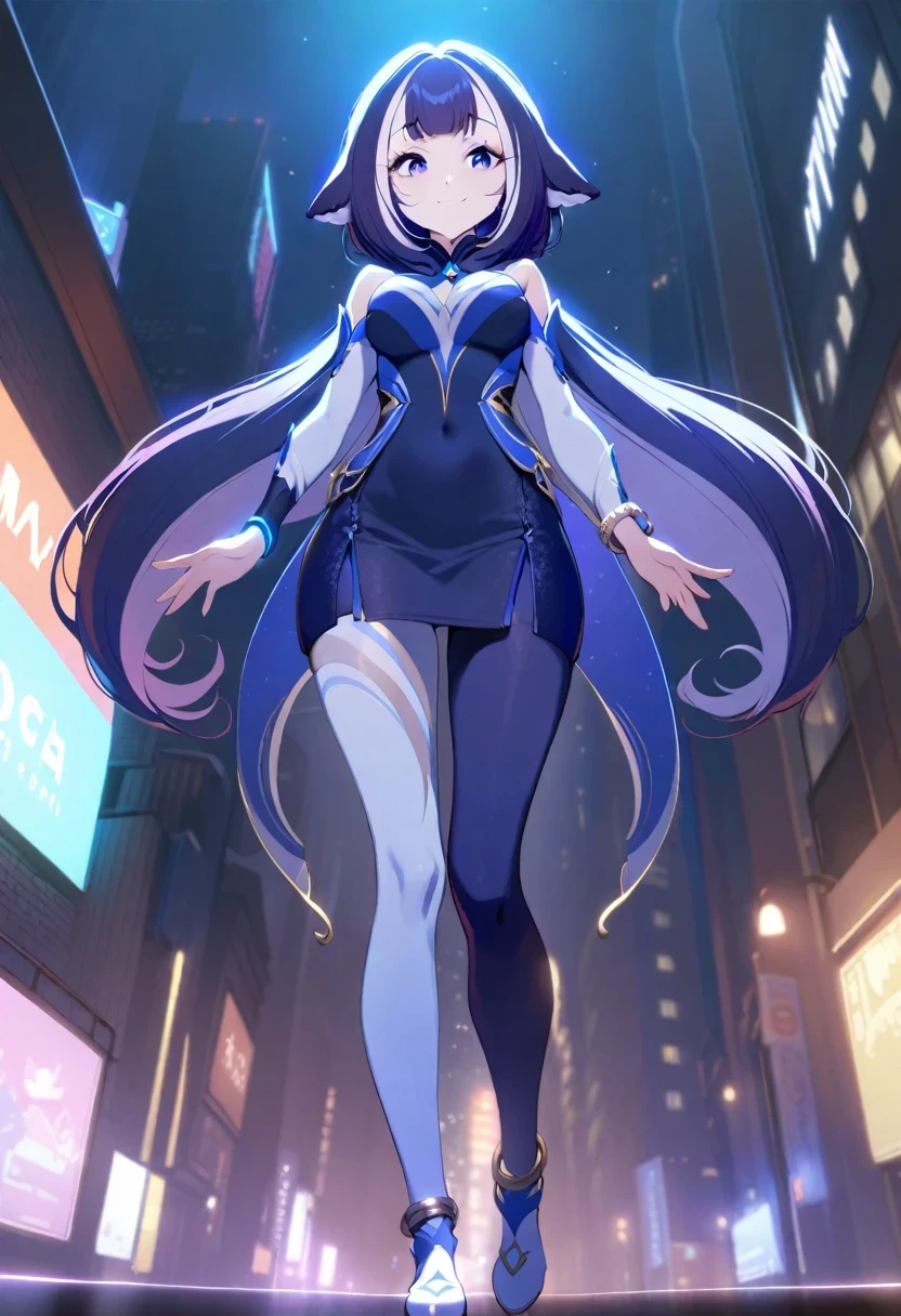 (shylily/(Twich/):1.5),(masterpiece:1.2),(best quality:1.2),((whole body)), ((from below)), Clear face, Pretty face 1 girl, in the darkness, Deep Shadows,(Very slim figure:1.3), (A big smile), (City night, (Neon), (night), White Diamond Earrings, diameter bracelet, Deya Necklace, Pantyhose, Clear eyes, Walk, Facing forward, (big eyes), ((Lace ))