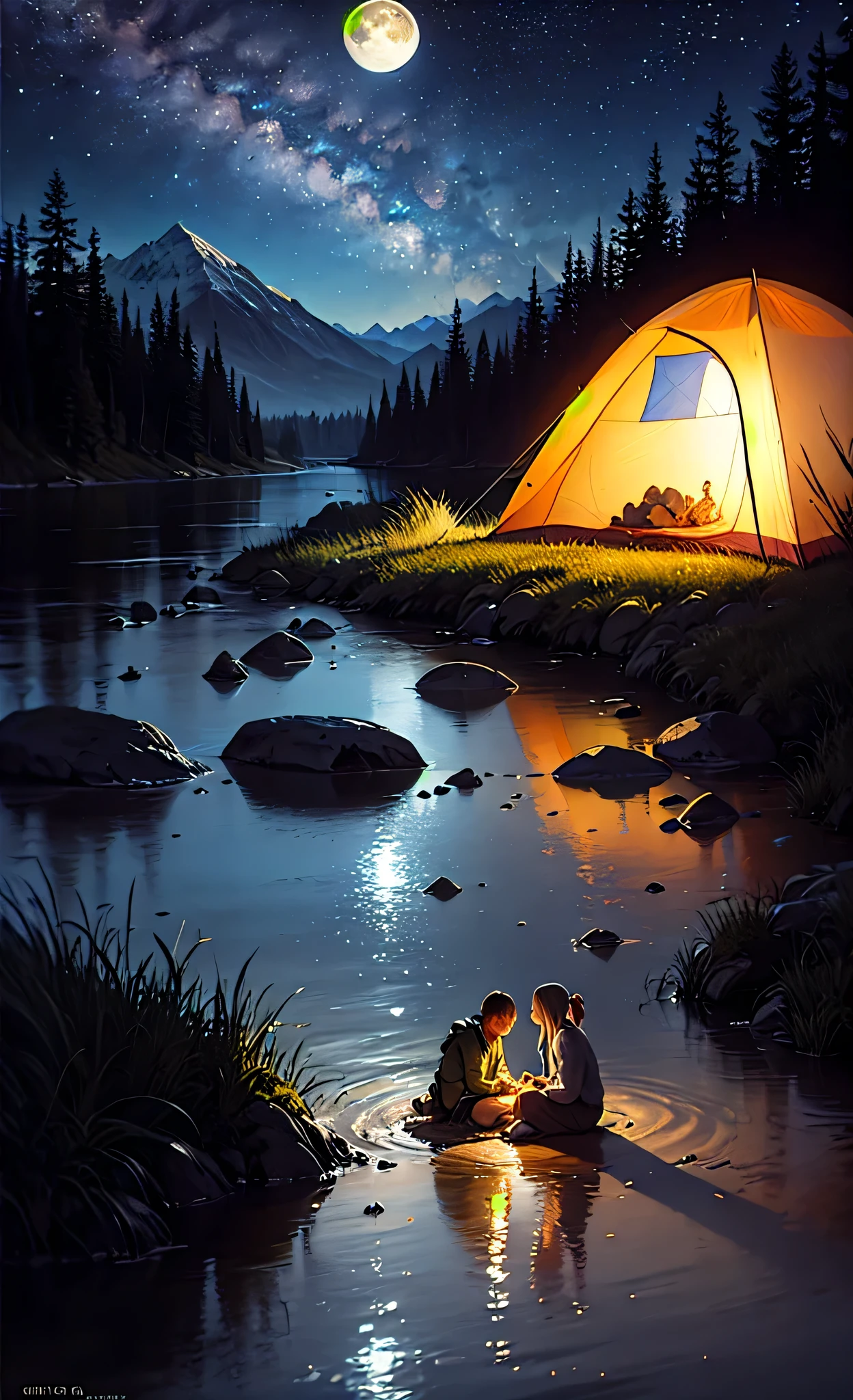 masterpiece, best quality, ultra-detailed, illustration, 1girl, solo, outdoors, camping, night, mountains, nature, stars, moon, bonfire, tent, twin ponytails, green eyes, cheerful, happy, backpack, sleeping bag, camping stove, water bottle, mountain boots, gloves, sweater, hat, flashlight, forest, rocks, river, wood, smoke, shadows, contrast, clear sky, constellations, Milky Way, peaceful, serene, quiet, tranquil, remote, secluded, adventurous, exploration, escape, independence, survival, resourcefulness, challenge, perseverance, stamina, endurance, observation, intuition, adaptability, creativity, imagination, artistry, inspiration, beauty, awe, wonder, gratitude, appreciation, relaxation, enjoyment, rejuvenation, mindfulness, awareness, connection, harmony, balance, texture, detail, realism, depth, perspective, composition, color, light, shadow, reflection, refraction, tone, contrast, foreground, middle ground, background, naturalistic, figurative, representational, impressionistic, expressionistic, abstract, innovative, experimental, unique