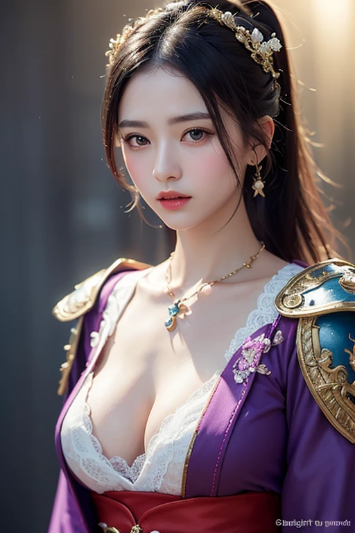 ((best quality)), ((masterpiece)), (detailed), Perfect face，Hanfu beauty, Thin purple silk shirt，White，Various textures, White蕾丝上衣, Platinum purple long ponytail, Hair accessories, earrings, Necklaces and necklaces, Carefully drawn large purple eyes, Detailed makeup, Thin eyebrows, high nose, Lovely red lips, No smile, purse lips, blush, broad mind, Large Breasts , Well-proportioned breasts, Slim waist, Purple fishnet socks, Chinese Hanfu style, Fictional art texture, Bright colors、Lifelike, original photo, Realistic photos, Ultra-high quality 8K hyper-realistic photos, (Effective fantasy lighting effects: 1.8), 10x pixel, Magic Effects (background): 1.8), super detailed eyes, Girl full body portrait, Solo Girl