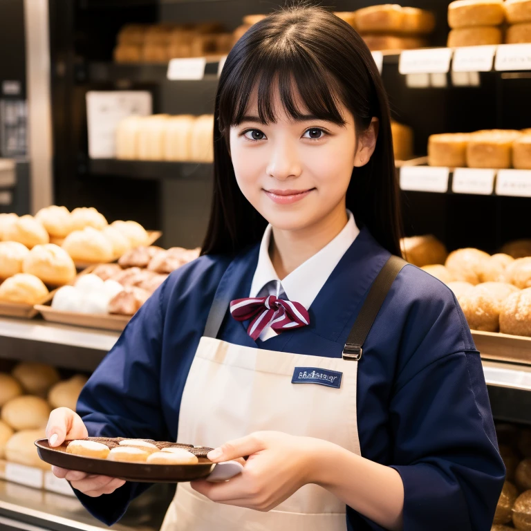 (highest quality,8k,masterpiece), Girl with black hair and blue eyes, Wearing a baker's uniform, Working in a traditional Japanese bakery、Preparing traditional sweets, Sparkling eyes, happiness.