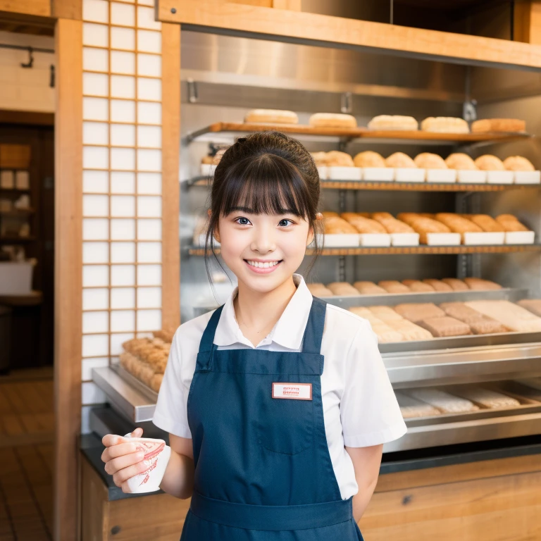 (highest quality,8k,masterpiece), Girl with black hair and blue eyes, Wearing a baker's uniform, Working in a traditional Japanese bakery、Preparing traditional sweets, Sparkling eyes, happiness.