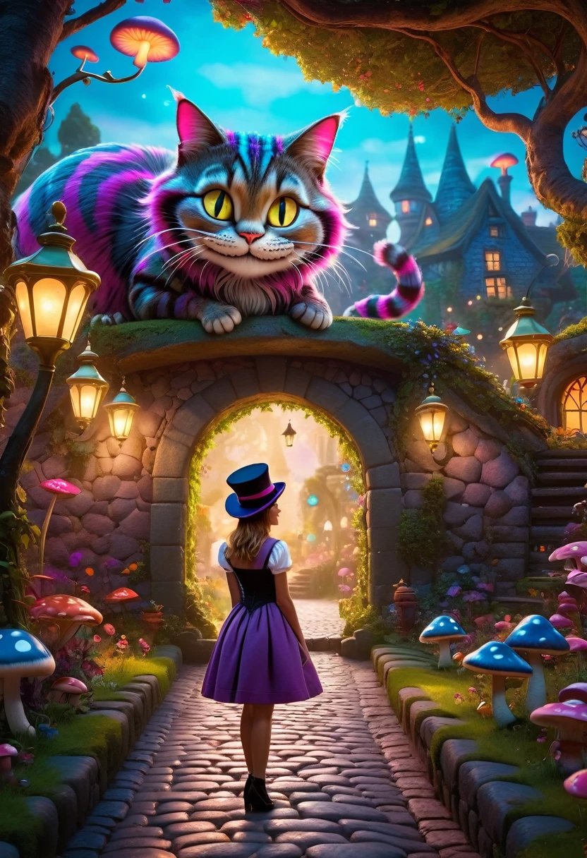 Side view, In a whimsical garden, a beautiful girl looks at a Cheshire cat wearing a top hat and smiling. The cobblestone road, floating mushrooms, surreal scenery, vibrant colors, cinematic lighting, dreamy atmosphere, highly detailed, 8k, realistic, masterpiece