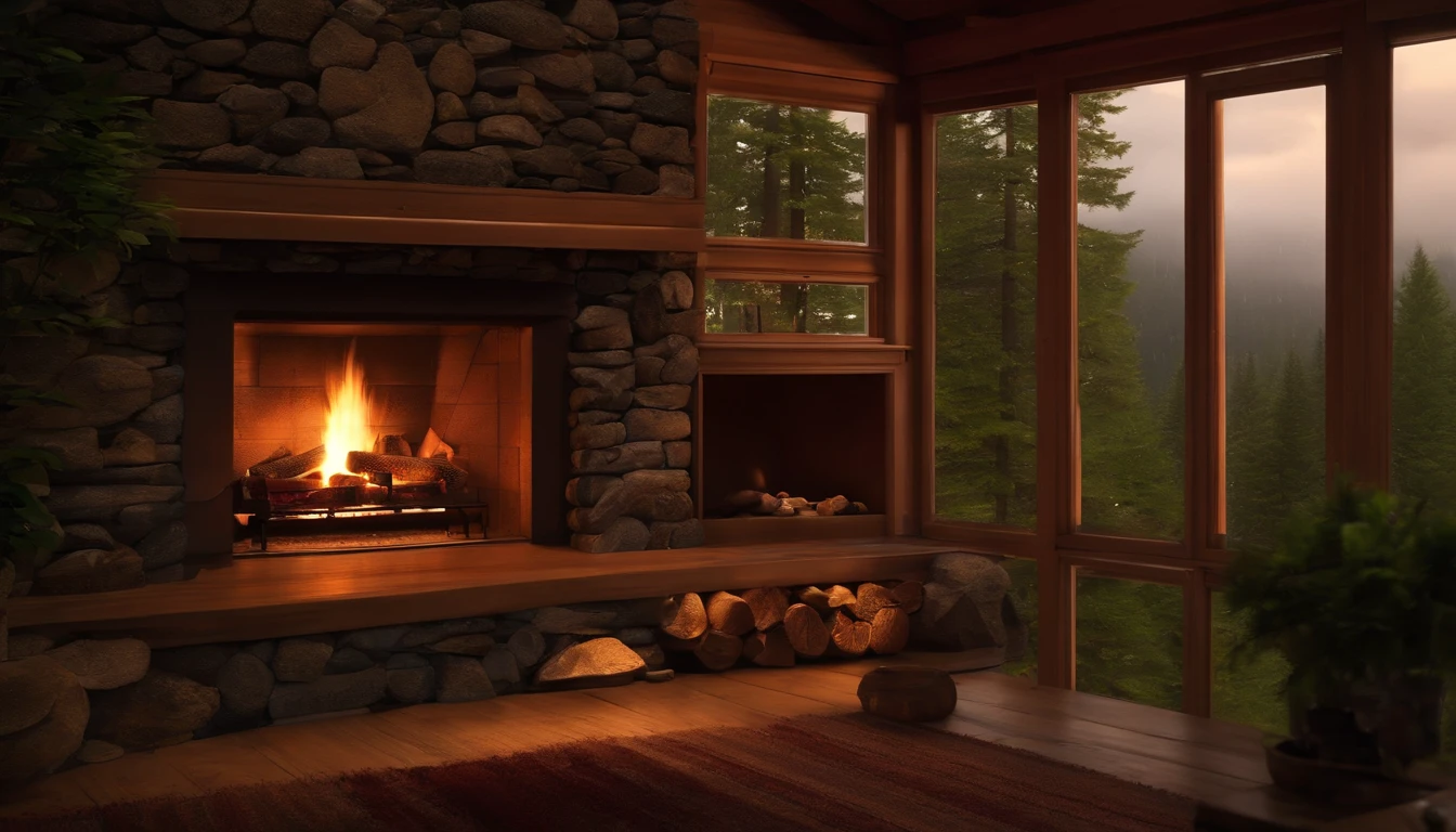 Top quality, high resolution, log house living room, interior, fireplace, rainy night outside, mountain forest view, dim lighting, vegetation, (blurry window:1.2), at dusk, raining, full glass