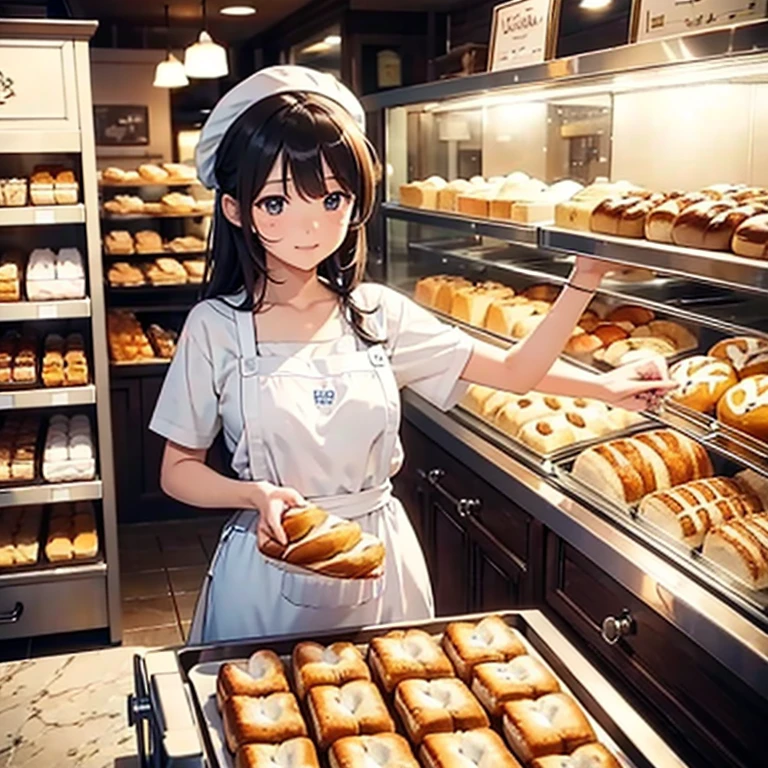 masterpiece、((Inside a famous bakery with cute staff and bakers、Bread with anime character faces drawn on it、Cute bread on display.)):1.9、Bread making、Highly detailed background，Realistic，Ultra-detailed，Highly detailed skin，Shine，Film Grain，According to II，Lens flare，sharp，Shadows in the movie