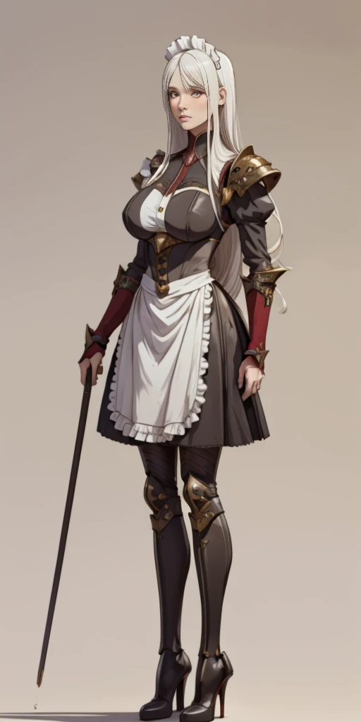 (Plain background) Female, standing, straight, long_hair, messy_hair, white_hair, maid with armor, metal high heels