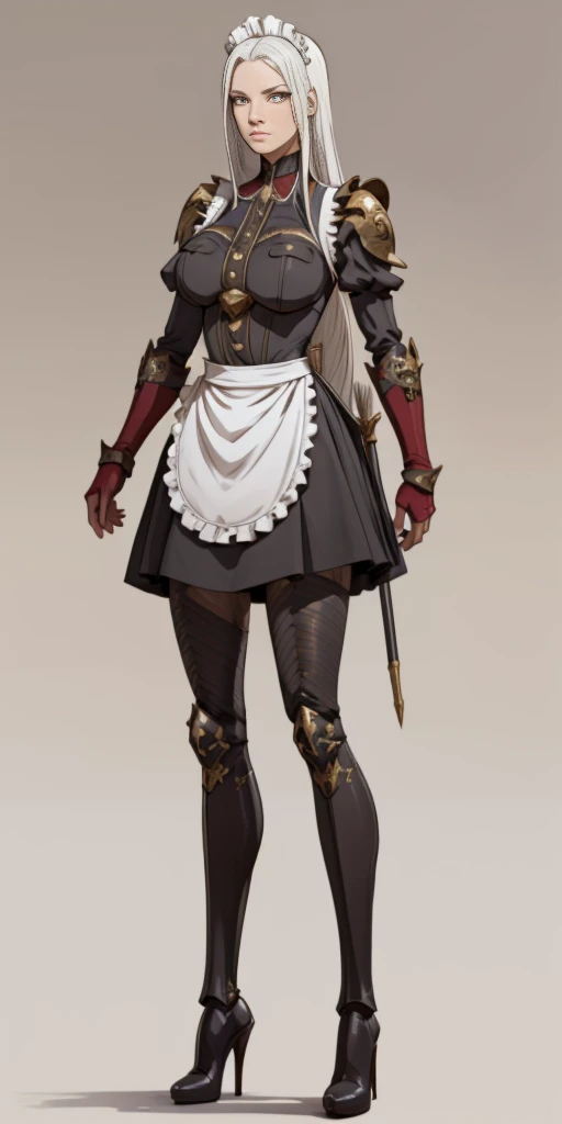 (Plain background) Female, standing, straight, long_hair, messy_hair, white_hair, maid with armor, metal high heels