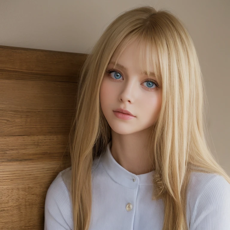 A woman with super long light blonde hair and big light blue eyes is taking a photo, gorgeous young model, beautiful blonde、bangs between eyes、female model, cute young woman, very beautiful young woman with very big eyes, beautiful model portrait, beautiful young girl, Beautiful young woman, beautiful woman pictures, perfect face, 22 year old beautiful model, Beautiful young face, Beautiful blonde girl, whole body, in a room
