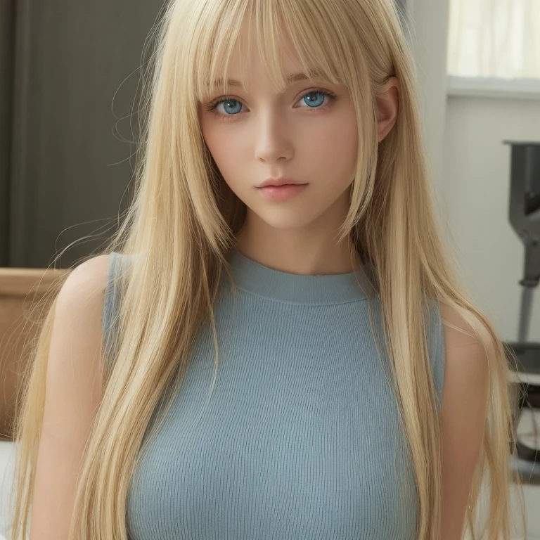 A woman with super long light blonde hair and big light blue eyes is taking a photo, gorgeous young model, beautiful blonde、bangs between eyes、female model, cute young woman, very beautiful young woman with very big eyes, beautiful model portrait, beautiful young girl, Beautiful young woman, beautiful woman pictures, perfect face, 22 year old beautiful model, Beautiful young face, Beautiful blonde girl, whole body, in a room
