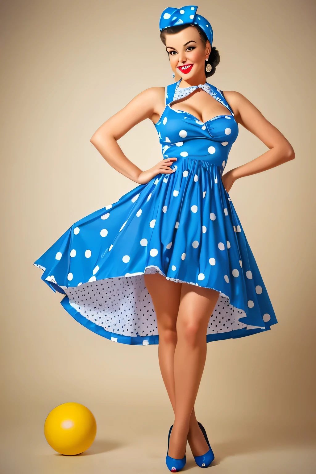 looking at camera professional photo of standing ukranian sexy smiling girl in pin-up style, holding big ball, RETRO VICTORY ROLLS with bandana, short pin-up blue dress with big white dots, full size