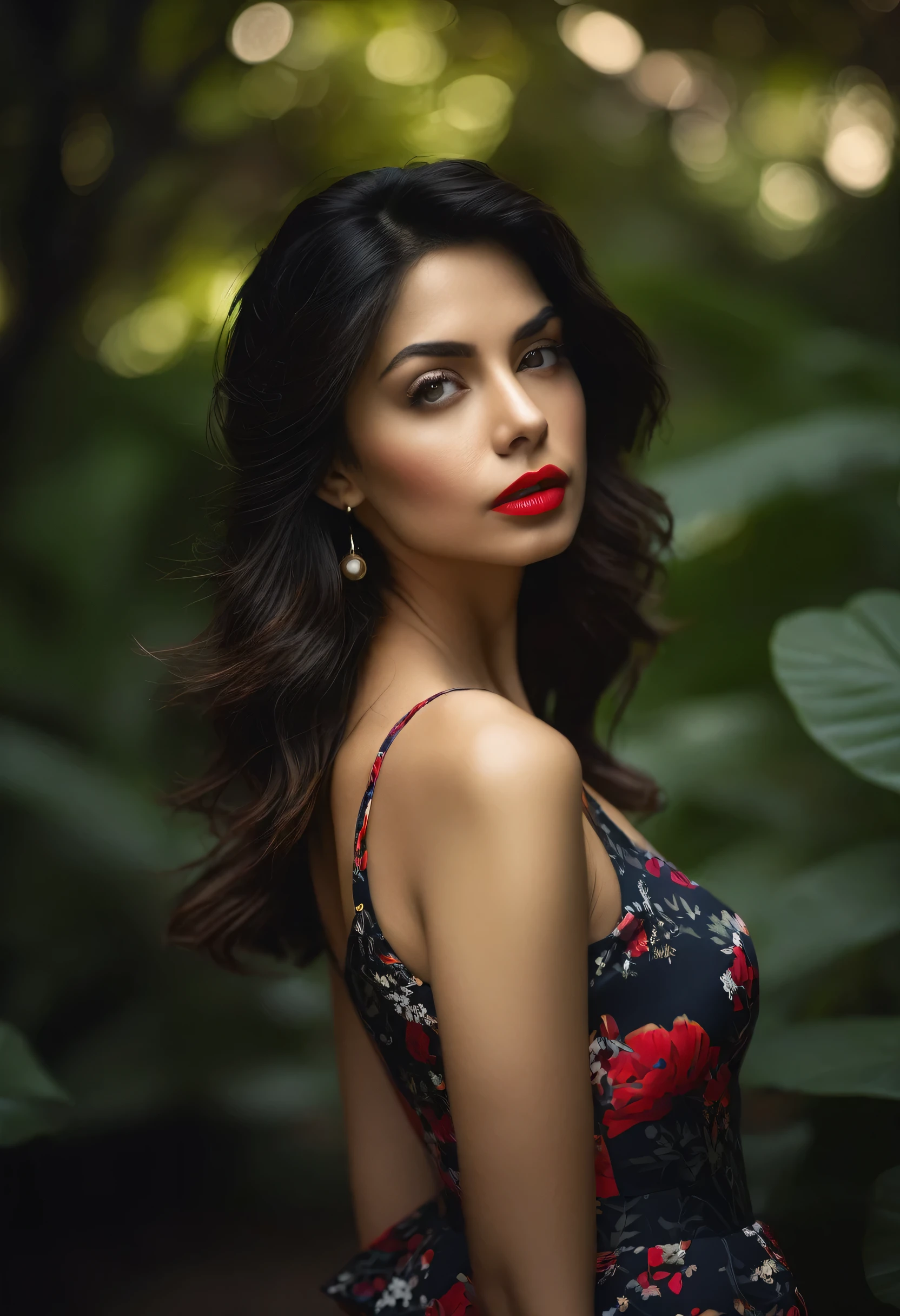 Indiasug nr, (Sharp focus: 1.5), (Sharp focus:1.2), photograph, Attractive Young Woman, (Beautiful Face:1.1), Fine grain, Seductive lips, (Bold red lip color:0.85), (Medium chest:1.0), (The body is slim:1.2), wear (1980s Peplum Dress:1.2) in (botanical garden:1.2). (Moody lighting:1.2), Depth of written boundary, Bokeh, 4K, High resolution. by (James C. Christensen:1.2|Jeremy Lipking:1.1).