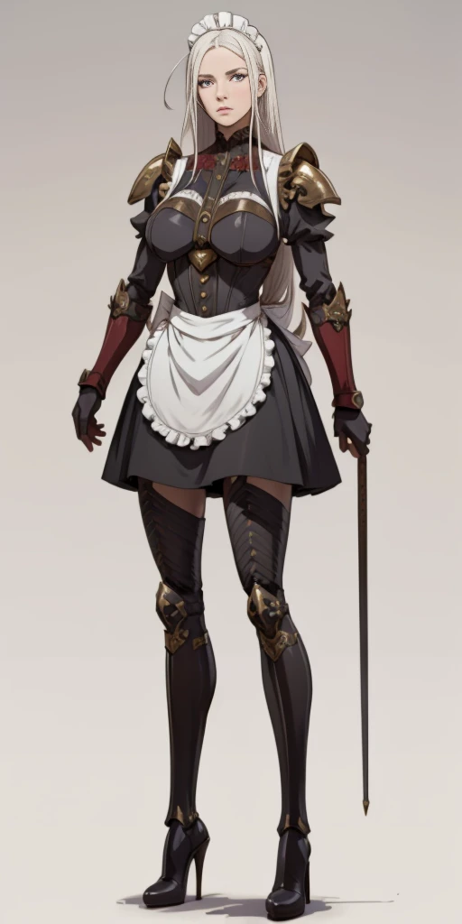 (Masterpiece, plain background:1.2) Female, standing, straight, long_hair, messy_hair, white_hair, maid with armor, metal high heels