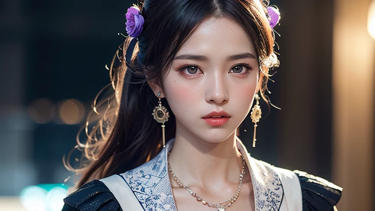 ((best quality)), ((masterpiece)), (detailed), Perfect face,Hanfu beauty, Thin purple silk shirt,White,Various textures, White蕾丝上衣, Platinum purple long ponytail, Hair accessories, earrings, Necklaces and necklaces, Carefully drawn large purple eyes, Detailed makeup, Thin eyebrows, high nose, Lovely red lips, No smile, purse lips, blush, broad mind, Large Breasts , Well-proportioned breasts, Slim waist, Purple fishnet socks, Chinese Hanfu style, Fictional art texture, Bright colors、Lifelike, original photo, Realistic photos, Ultra-high quality 8K hyper-realistic photos, (Effective fantasy lighting effects: 1.8), 10x pixel, Magic Effects (background): 1.8), super detailed eyes, Girl full body portrait, Solo Girl