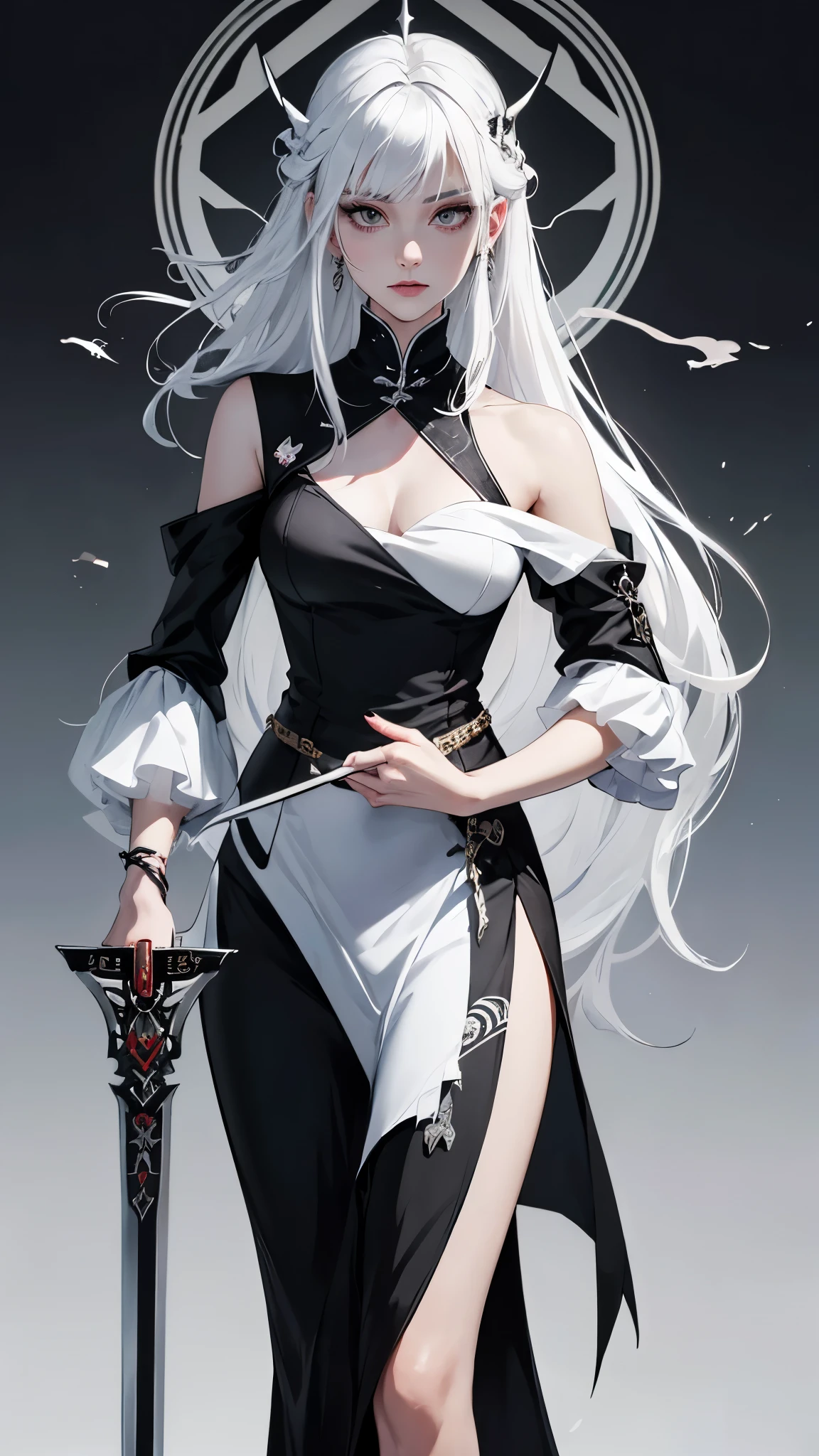 a woman with white hair wearing a black dress that empasis the beauty of the woman. She was weailding a sword rhat have a blood Dripping on the edge of the sword. The sword has a design that giving an elements of a noble from Chinese. The background is an abstrak panting that dominan with white and black color,