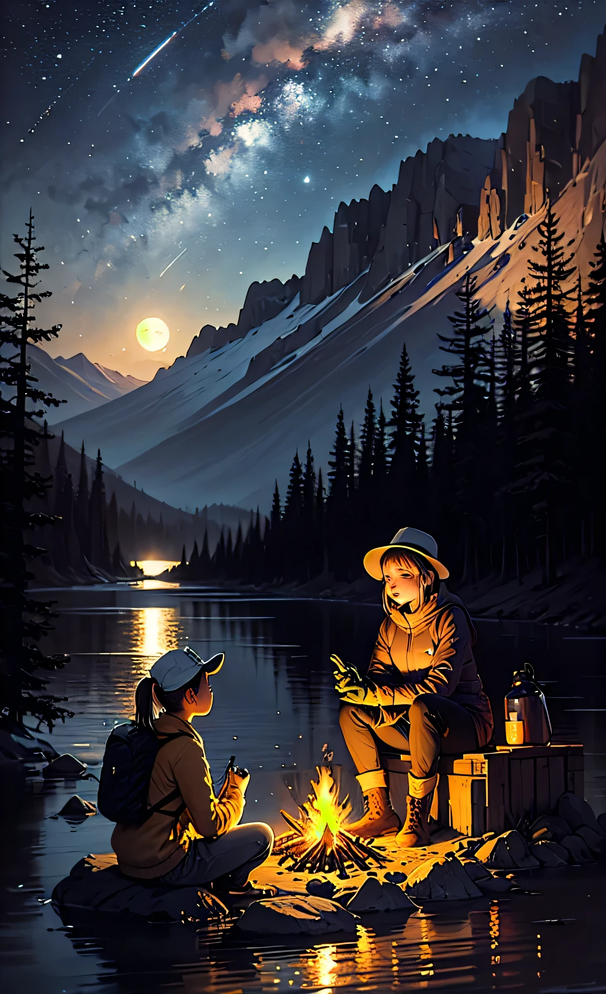 masterpiece, best quality, ultra-detailed, illustration, 1girl, solo, outdoors, camping, night, mountains, nature, stars, moon, bonfire, tent, twin ponytails, green eyes, cheerful, happy, backpack, sleeping bag, camping stove, water bottle, mountain boots, gloves, sweater, hat, flashlight, forest, rocks, river, wood, smoke, shadows, contrast, clear sky, constellations, Milky Way, peaceful, serene, quiet, tranquil, remote, secluded, adventurous, exploration, escape, independence, survival, resourcefulness, challenge, perseverance, stamina, endurance, observation, intuition, adaptability, creativity, imagination, artistry, inspiration, beauty, awe, wonder, gratitude, appreciation, relaxation, enjoyment, rejuvenation, mindfulness, awareness, connection, harmony, balance, texture, detail, realism, depth, perspective, composition, color, light, shadow, reflection, refraction, tone, contrast, foreground, middle ground, background, naturalistic, figurative, representational, impressionistic, expressionistic, abstract, innovative, experimental, unique