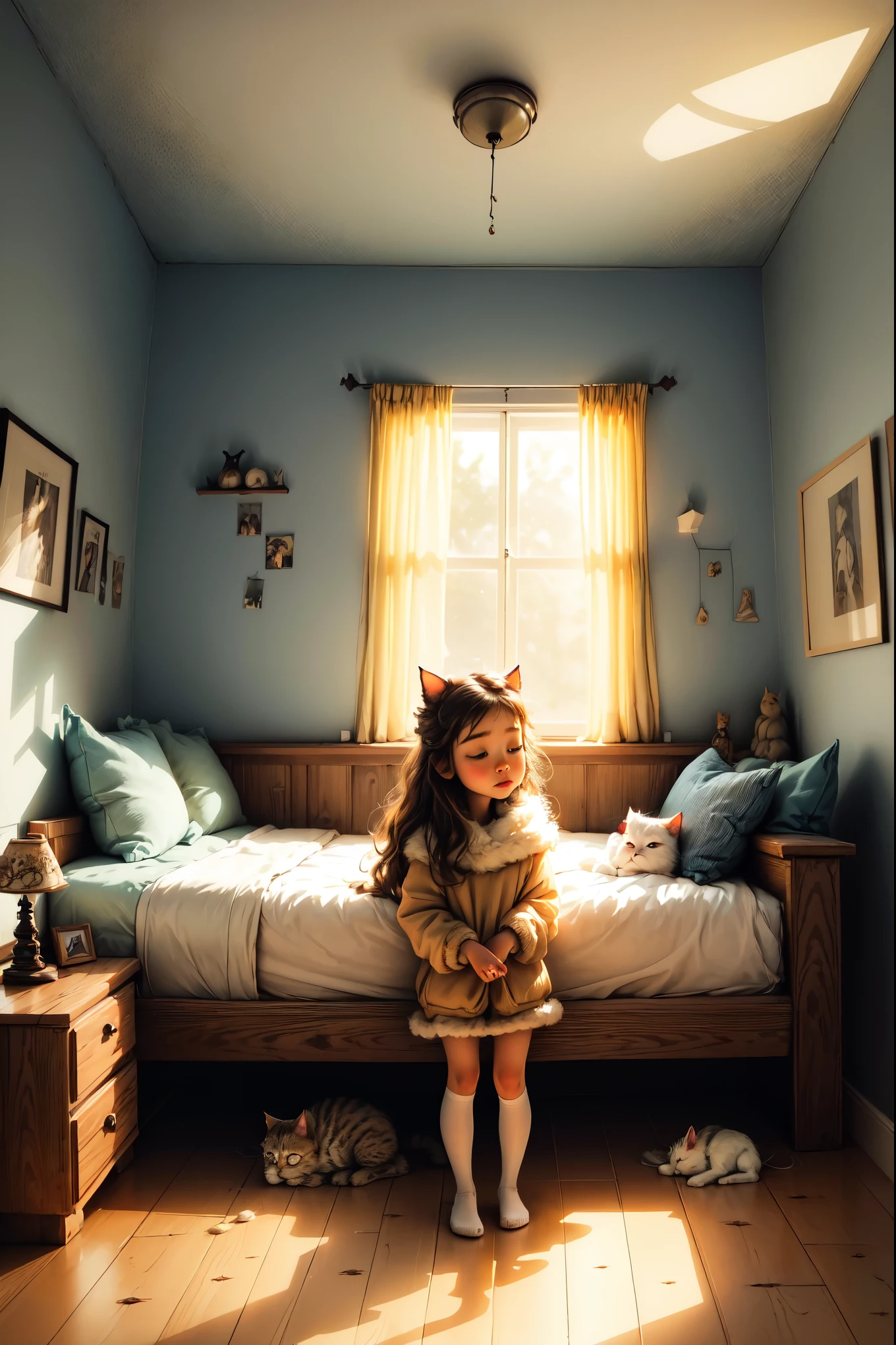 a 5 year old girl, beautiful fluffy cat, tender, idyllic, magical scene, beautiful children's room, (best quality, 4k, 8k, highres, masterpiece:1.2), ultra-detailed, (realistic, photorealistic, photo-realistic:1.37), warm lighting, vibrant colors, soft focus, fairy tale, dreamy, cozy, adorable, cute, whimsical, fantasy, enchanting, serene, peaceful, innocent, heartwarming, imaginative