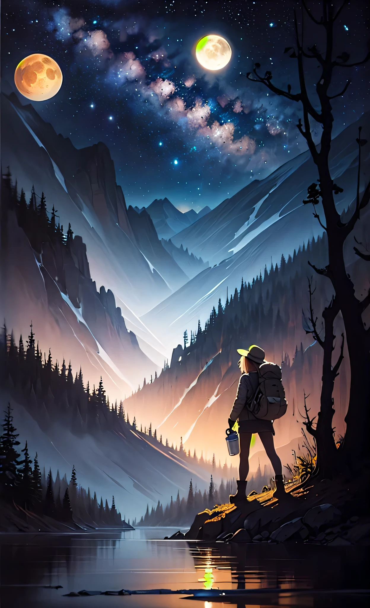 masterpiece, best quality, ultra-detailed, illustration, 1girl, solo, outdoors, camping, night, mountains, nature, stars, moon, bonfire, tent, twin ponytails, green eyes, cheerful, happy, backpack, sleeping bag, camping stove, water bottle, mountain boots, gloves, sweater, hat, flashlight, forest, rocks, river, wood, smoke, shadows, contrast, clear sky, constellations, Milky Way, peaceful, serene, quiet, tranquil, remote, secluded, adventurous, exploration, escape, independence, survival, resourcefulness, challenge, perseverance, stamina, endurance, observation, intuition, adaptability, creativity, imagination, artistry, inspiration, beauty, awe, wonder, gratitude, appreciation, relaxation, enjoyment, rejuvenation, mindfulness, awareness, connection, harmony, balance, texture, detail, realism, depth, perspective, composition, color, light, shadow, reflection, refraction, tone, contrast, foreground, middle ground, background, naturalistic, figurative, representational, impressionistic, expressionistic, abstract, innovative, experimental, unique