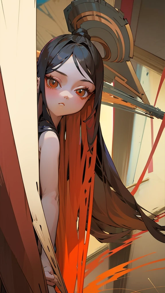 adulto, Cabello ????? ondulado, mirada penetrante con ojos profundos de color rojo, estatura promedio, Silky hair with a ponytail hairstyle collected with a red bow with two white lines, tiene pechos medianos, primer plano, session, standing in the middle of his room [[[Risa malvada]]] , Sonrojada, muslos grandes, once, falda corta, blusa corta 