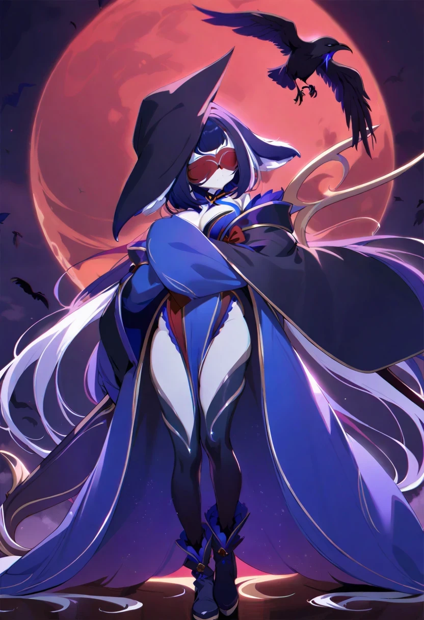 (shylily/(Twich/):1.5),(masterpiece:1.2),(best quality:1.2),Black clothes,Have sickle,boots,Eye mask,Cool,crow,sickle,dark,Big Sickle,grim Reaper,evil,Tail braids,long coat,Red Moon,Blindfold