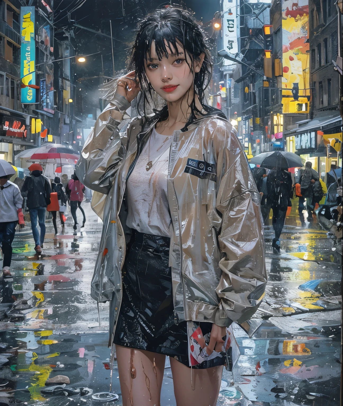 Smiling girl standing in the middle of a crowded street in the pouring rain, wet from the rain, detailed face, beautiful eyes and lips, super detailed pupils, realistic skin, ((wet hair, wet Clothes)), thin clothes that stick to the skin, raindrops, city buildings, atmospheric lighting, cinematic, 8K, highly detailed, photorealistic, vibrant colors, Shibuya Crossing, full body depiction, heavy rain ,