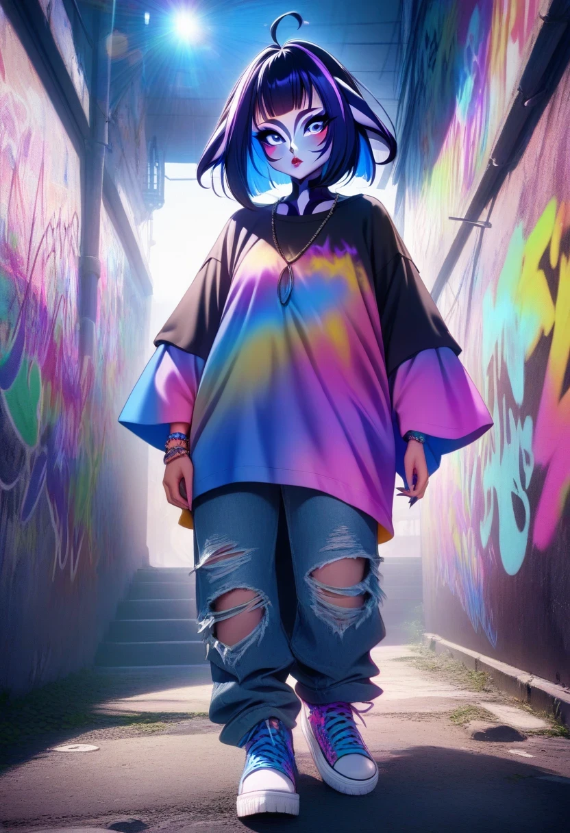 (shylily/(Twich/):1.5),(masterpiece:1.2),(best quality:1.2),1 colorful girl, (Oversized T-shirts:1.2), Vibrant Patterns, Layered Look, Ripped jeans, thick sole sneakers, chunky necklace, Bold makeup to break through the backlight, (lens flare:1.3), Neon, Graffiti Wall, Street art, trippy colors, surreal atmosphere, edgy style, 
Describe the artist&#39;s work status, Their creative process, focus, and their passion for technology.