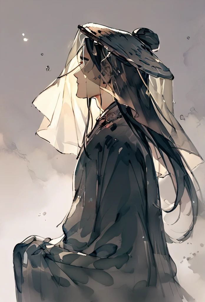 score_9, score_8_up, score_7_up, score_6_up, ink style, long hair, black hair, solo, hat, long sleeves, veil, from side, hair bun, chinese clothes, profile, closed mouth, upper body, male focus