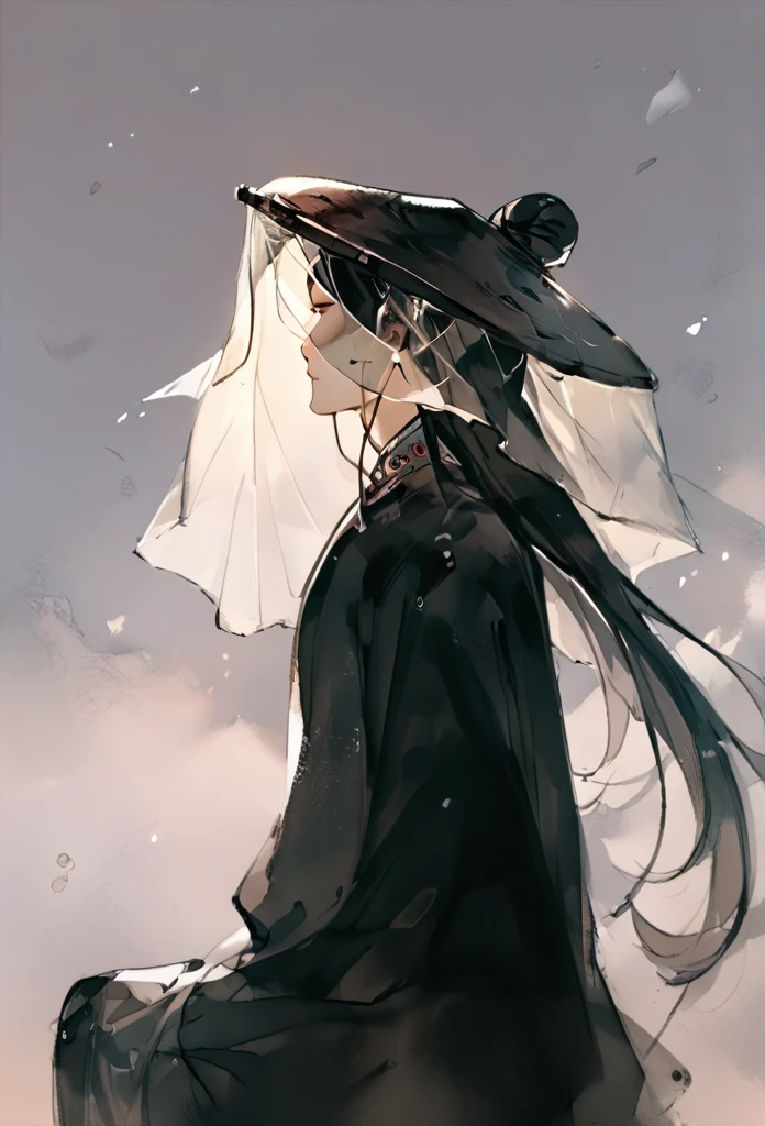 score_9, score_8_up, score_7_up, score_6_up, ink style, long hair, black hair, solo, hat, long sleeves, veil, from side, hair bun, chinese clothes, profile, closed mouth, upper body, male focus