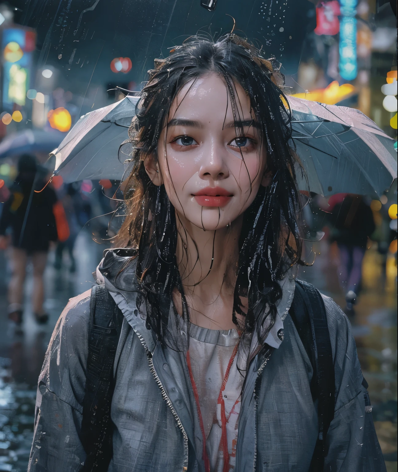 Smiling girl standing in the middle of a crowded street in the pouring rain, wet from the rain, detailed face, beautiful eyes and lips, super detailed pupils, realistic skin, ((wet hair, wet Clothes)), thin clothes that stick to the skin, raindrops, city buildings, atmospheric lighting, cinematic, 8K, highly detailed, photorealistic, vibrant colors, Shibuya Crossing, full body depiction, heavy rain ,