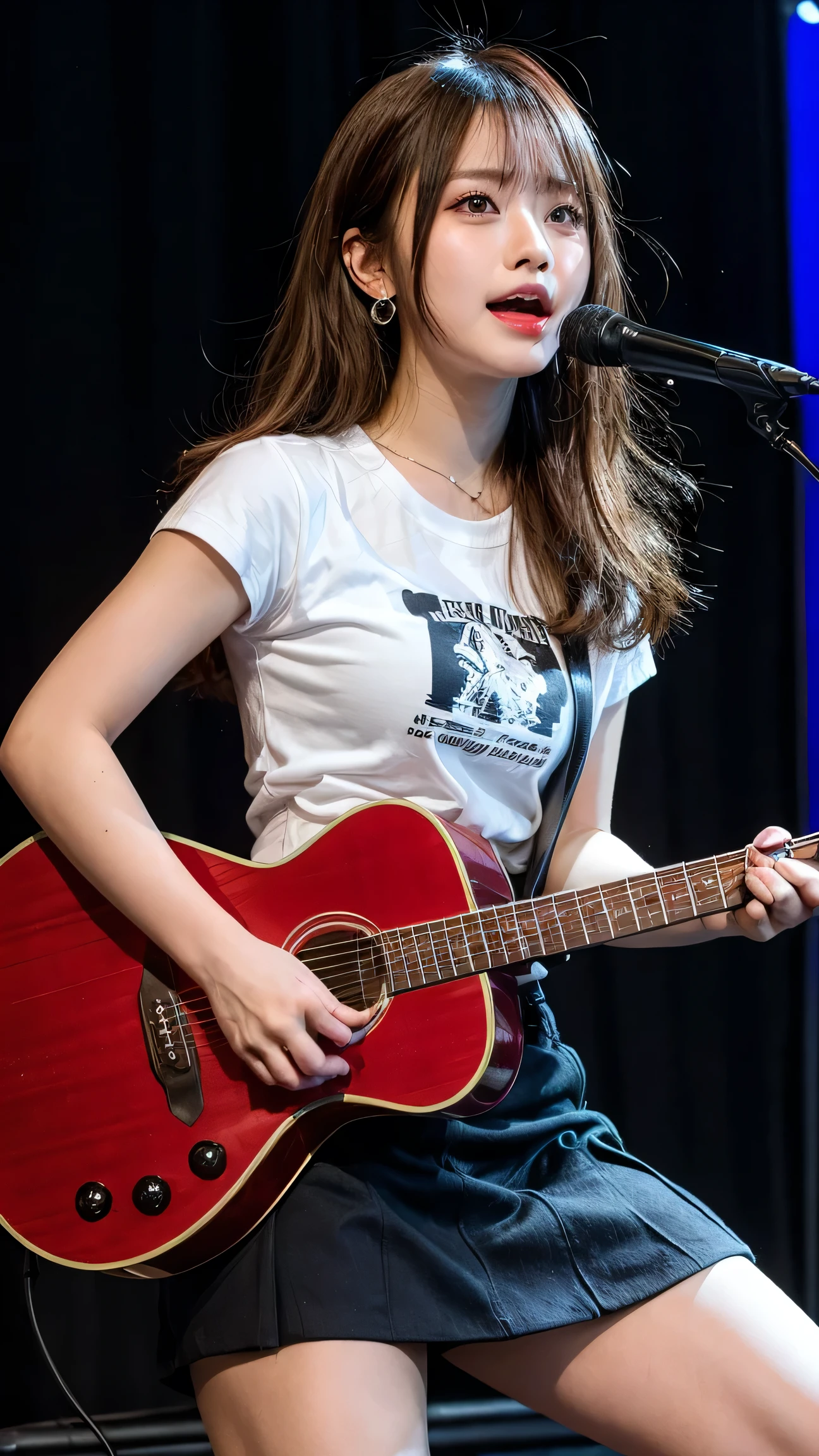 Tabletop, highest quality, shape, Very detailed, finely, High resolution, 8k wallpaper, Perfect dynamic composition, Finely beautiful eyes, T-Shirts,skirt,Knee socks,Medium Hair,Natural color lip, 21 years old、cute、F Cup、Brown Hair、Band Stage,Earrings,(Wavy Hair),,Big Breasts,Playing guitar,Sweating,Singing a song