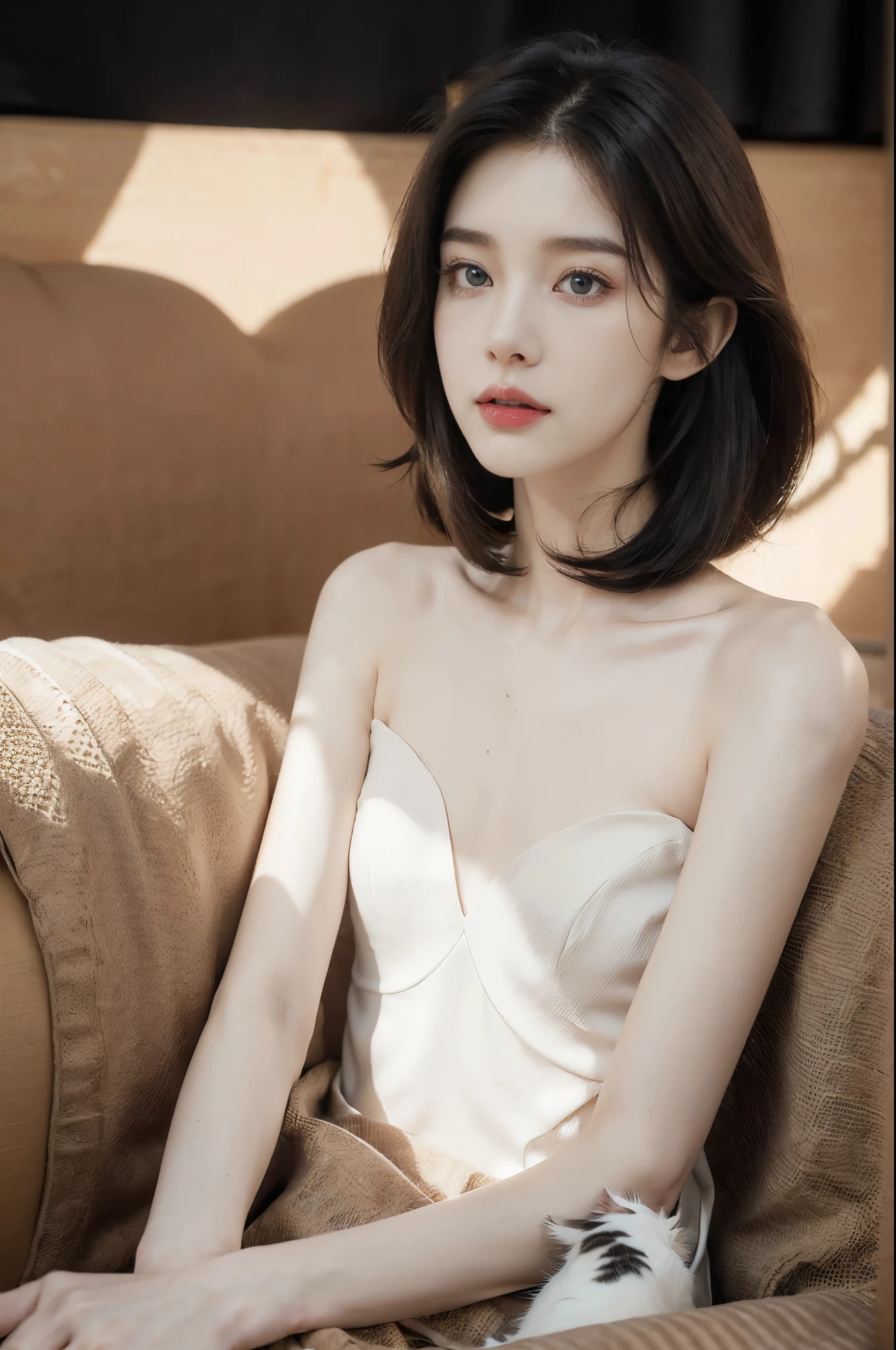 (Extremely meticulous CG),(((8k))),wallpaper,((Extremely refined and beautiful)),(((Masterpiece))),(((best qualtiy))),(((Ultra High Resolution))),(Perfect lighting:1.2),realistic shaded,(Smooth and flawless fair skin:1.5),(Extremely exquisite facial details:1.3),(ultra-detailed:1.5),((a beautiful girl,solo)),(shoulder length straight bob hair:1.2),(small head:1.2),(slender face:1.2),(Exquisite makeup:1.3),(laughing:1.2),(perfect body:1.2),(pale skin:1.3),((slim,thin)),(small :1.2),(flat chests:1.2),(black pajama shirt:1.2),(sitting:1.3),(on the sofa:1.3),(at home:1.3),(In the living room:1.5),(indoor:1.2),(day scene:1.5),(detailed background:1.5),(upper body:1.3),(from front:1.3),(beside a cat:1.5)