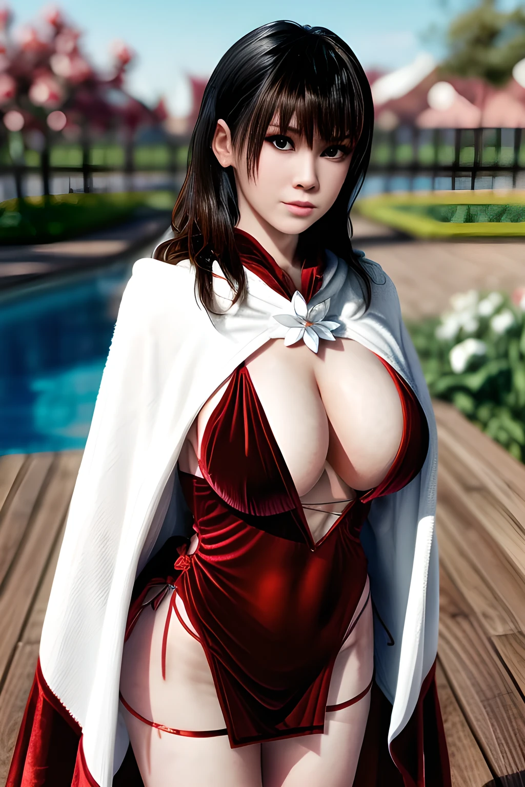 1girl,(RED theme: 1.2), (Velvet fabric nightgown: 1.2), (Ice flower cloak: 1.5), ,garden,moon,huge breasts,lactating,(lip gloss),(masterpiece), best quality, (real life portrait photography:1.5),unltra detailed,8K,Shot with a professional-grade camera like the Nikon D850,every intricate detail is captured, from the subtlest expression to the glimmer of anticipation in her eyes,Focus on thighs and above,,nanami