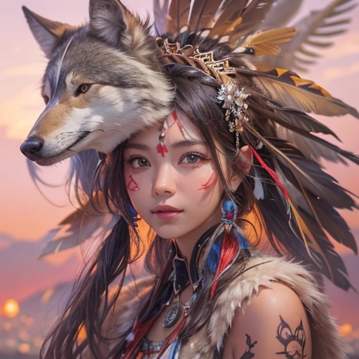 At the Grand Canyon、Hair flow、 ((highest quality、masterpiece、8k、Best image quality、Ultra-high resolution、Award-winning works)、(Accurate ???????:1.1)、(Look at me and smile:1.1)、Shining fair skin with Ultra-high resolution、The most detailed face、Ultra-high resolution detailed face、Ultra-high resolutionの髪の毛、(Ultra-high resolutionの煌めく瞳:1.1)、Beautiful face drawn in every detail、(Blurred Background:1.1)、Native American Costume, American Indian Clothing, Chest to chest, tattoo、A real giant condor next to you。The wolf is watching