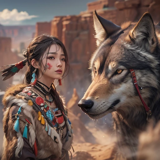 At the Grand Canyon、Hair flow、 ((highest quality、masterpiece、8k、Best image quality、Ultra-high resolution、Award-winning works)、(Accurate anatomy:1.1)、(Look at me and smile:1.1)、Shining fair skin with Ultra-high resolution、The most detailed face、Ultra-high resolution detailed face、Ultra-high resolutionの髪の毛、(Ultra-high resolutionの煌めく瞳:1.1)、Beautiful face drawn in every detail、(Blurred Background:1.1)、Native American Costume, American Indian Clothing, Chest to chest, tattoo、A real giant condor next to you。The wolf is watching