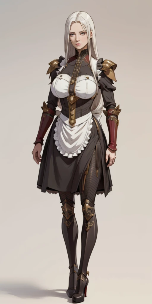 (Masterpiece, plain background:1.2) 1sologirl standing, straight, long_hair, messy_hair, white_hair, maid with armor, metal high heels