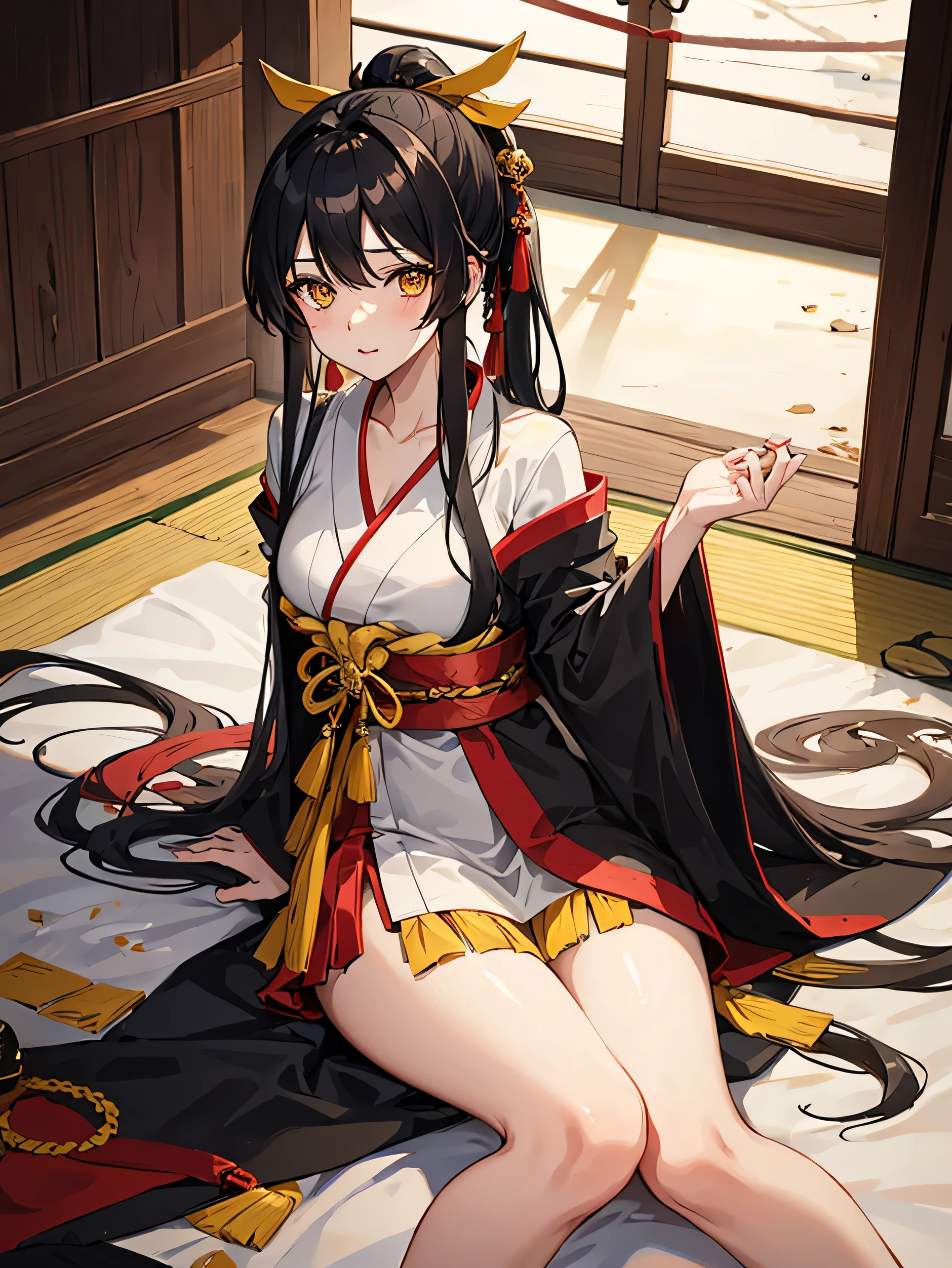 young mother, single ponytail long black hair, yellow eyes, kind and gentle look, busty, shrine maiden clothes