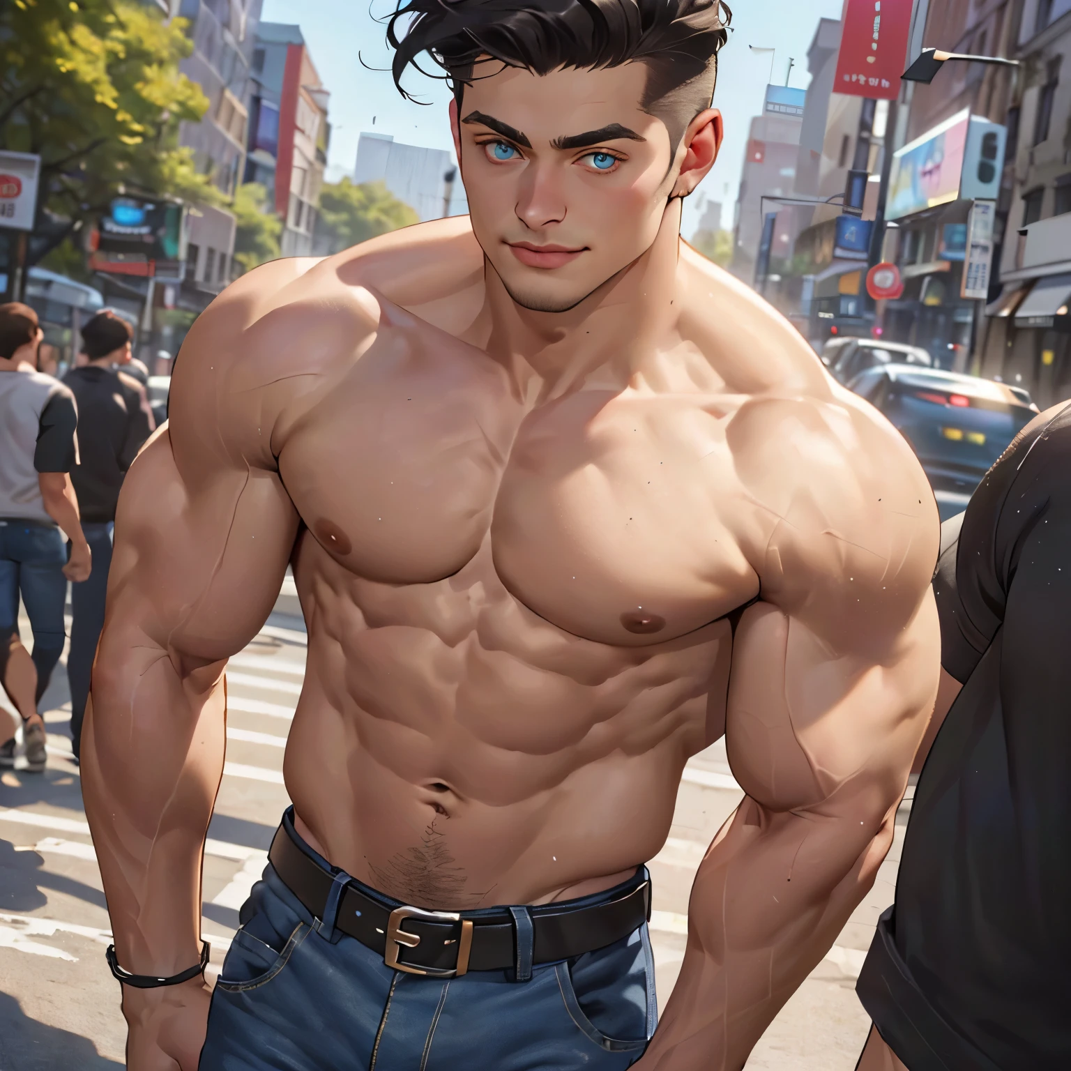 ((the best quality)), ((Masterpiece)), (details), perfect face, high definition, Masterpiece,4k,details clearly, Handsome face, white skin, perfect body, male body, strong muscles, abdomen, blue eyes, white skin, The most handsome man in the world, handsome, The coolest face, Male characters, close image (1man, shirtless), young man, mischievous smile, Extremely muscular tall man, open your eyes ((detailed eyes)), huge, muscular body and Massive, bulging pecs, muscular abs, narrow waist, short hair, blue eyes, delicate big eyes, carefree expression, clear face, handsome (detailed face, perfect face) ((extremely realistic shadows, bodybuilding posture, human, ((22-year-old young man)), V shape, athletic pants, athletic, Shirtless, Sunlight, New York City, lower pants, topless, close up look, CG sense, Textured skin, the best quality, Storytelling images, lower your pants, show Panty line, Show your abs, show arm muscle, Black hair, shining blue eyes, eyes contact, high school jeans, leather belt