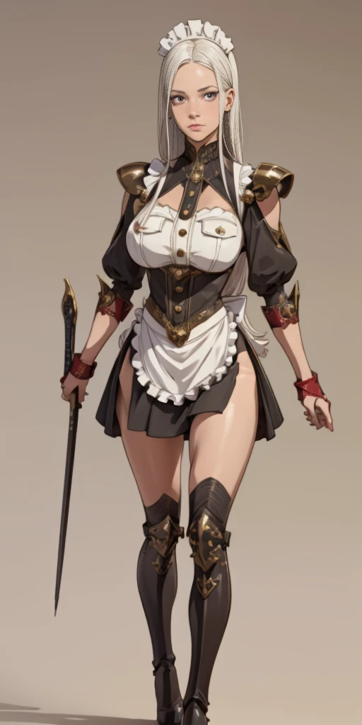 (Masterpiece, plain background:1.2) 1sologirl standing metal high heels, straight, long_hair, messy_hair, white_hair, maid with armor