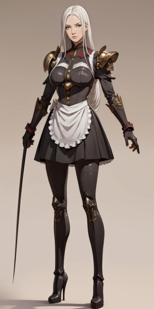 (Masterpiece, plain background:1.2) 1sologirl standing metal high heels, straight, long_hair, messy_hair, white_hair, maid with armor